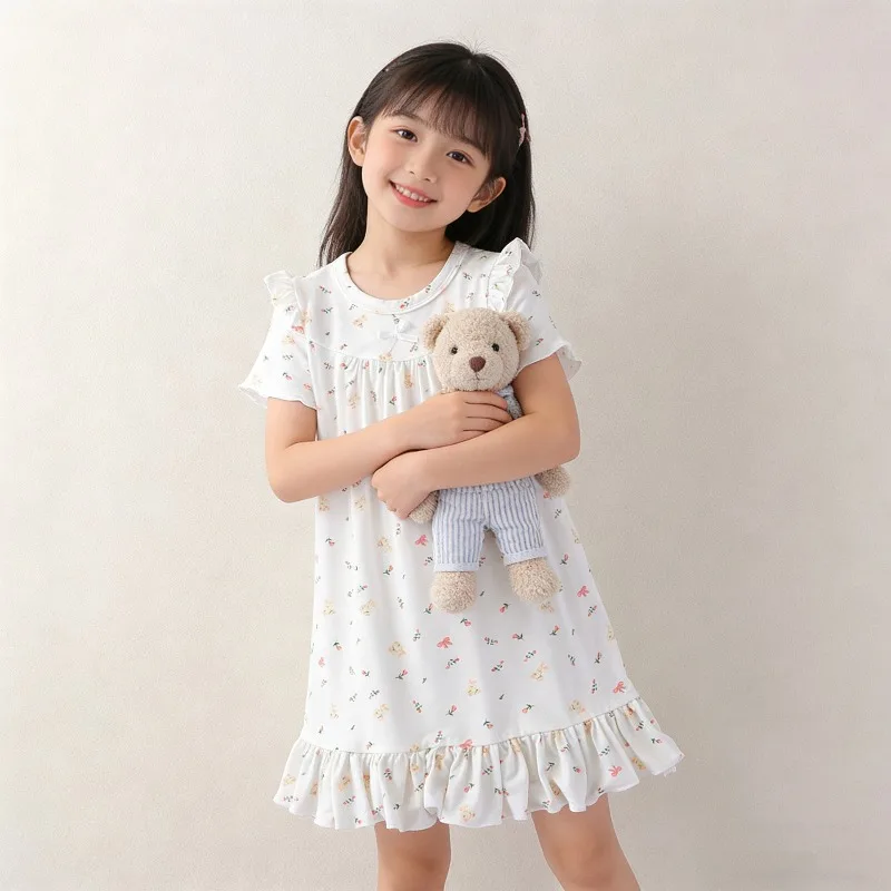 Bellbell Summer Children Girls Dress Pajamas Dress Floral Printed Kids Girls Bow Homewear Dress 1-14Y Infant Girl Princess Dress