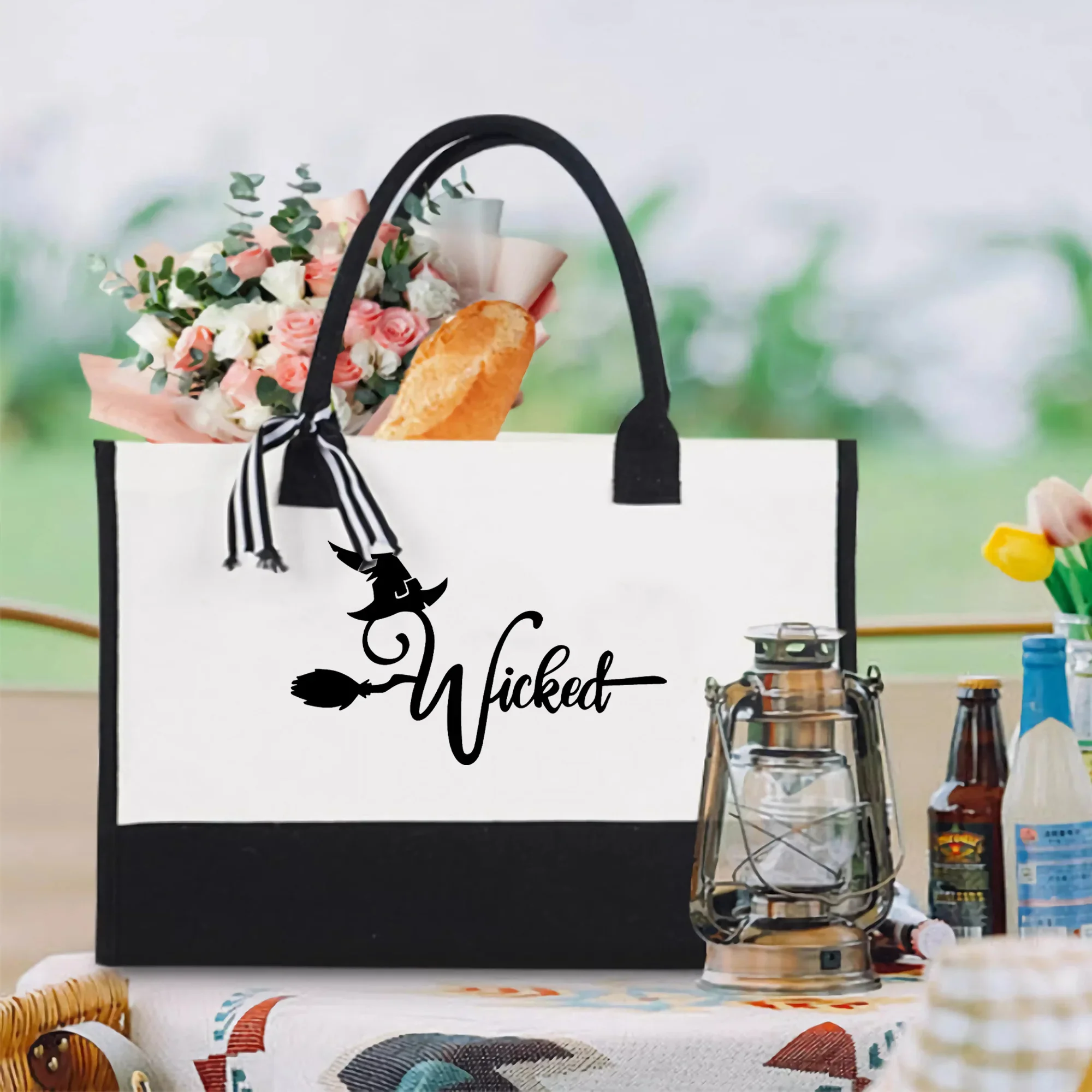 마녀 패턴 캔버스 비치 백, 컬러블록 토트백, 캐주얼 대용량 쇼핑 토트백, 선물 포장 가방, 할로윈 선물