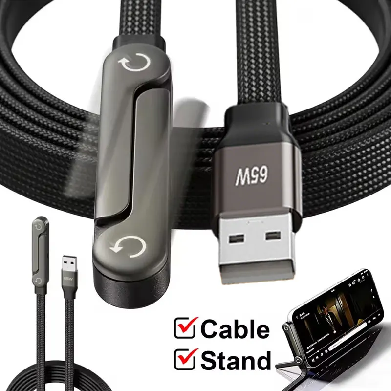 Multifunction 65W High-speed Quick Charging USB Type C Cable Wire with Folding Phone Stand for IPhone 17 16 15 Samsung S26U mi