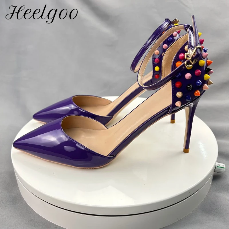 

Heelgoo Mixed Colors Spike Rivets Ankle Strap Women Sexy Pointy Toe High Heels Elegant Thin Stiletto Pumps 12cm 10cm 8cm