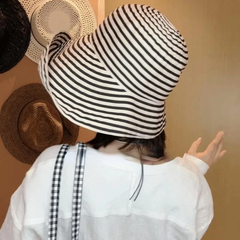 Women Elegant retro front short back long striped large brim sun visor hat fisherman hat