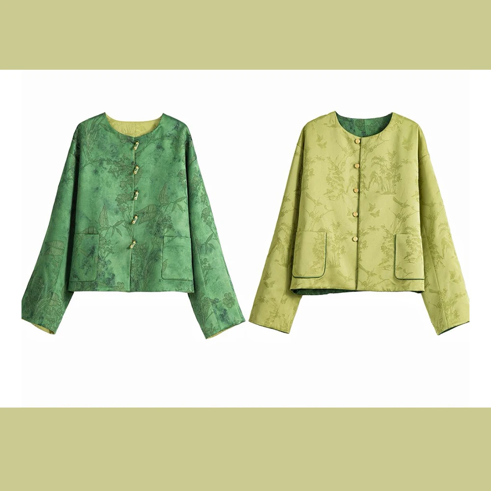 Chinese  design double-sided national style jacket | 2025 new printed round neck long-sleeved double-sided coat for women
