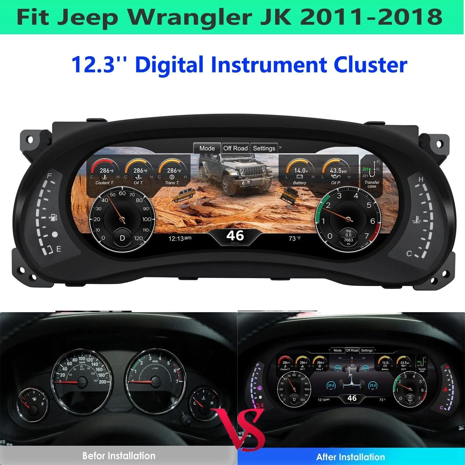 Digital instrument cluster For Jeep Wrangler JK 2010-2017 Display Speedometer upgrade Dashboard Gaug 12.3'' HD screen plug play
