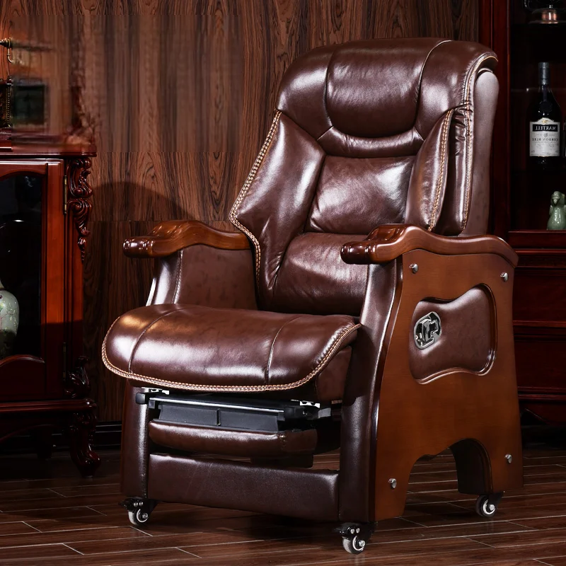 Luxury craftsmanship solid wood armrests leather boss chair reclining with foot pads for office and home use
