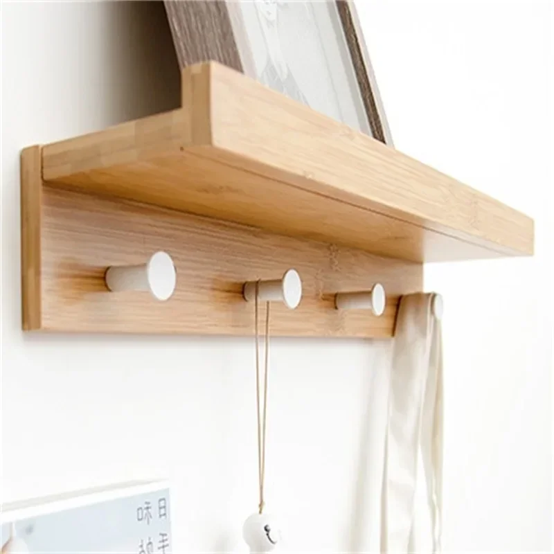 

Bamboo Wall-Mounted Shelf Coat Hook Rack Clothes Bag Key Hanger for Bedroom Bathroom Storage Organizer