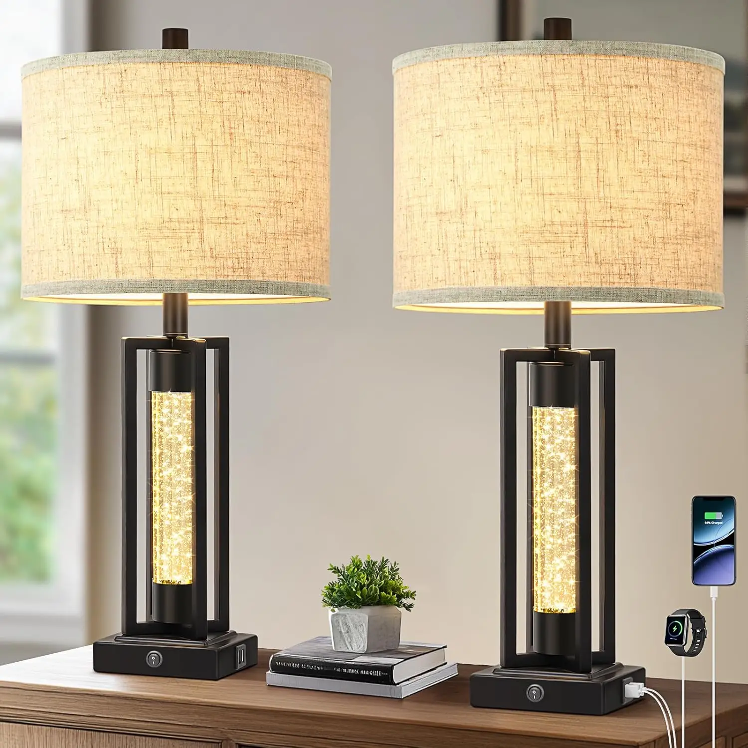 

26" Farmhouse Table Lamps Set of 2 with Crystal Night Light and USB Ports for Living Room Bedroom