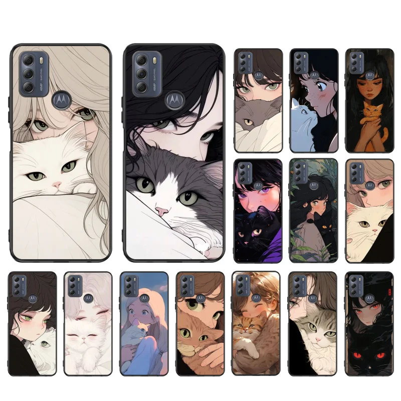 Anime Girl Woman Holding a Cat Phone Case For Moto G84 G22 G32 G42 G52 G62 G53 G72 G60 G60S G100 G10 G20 G30 G13 G50 G 5G G Pure