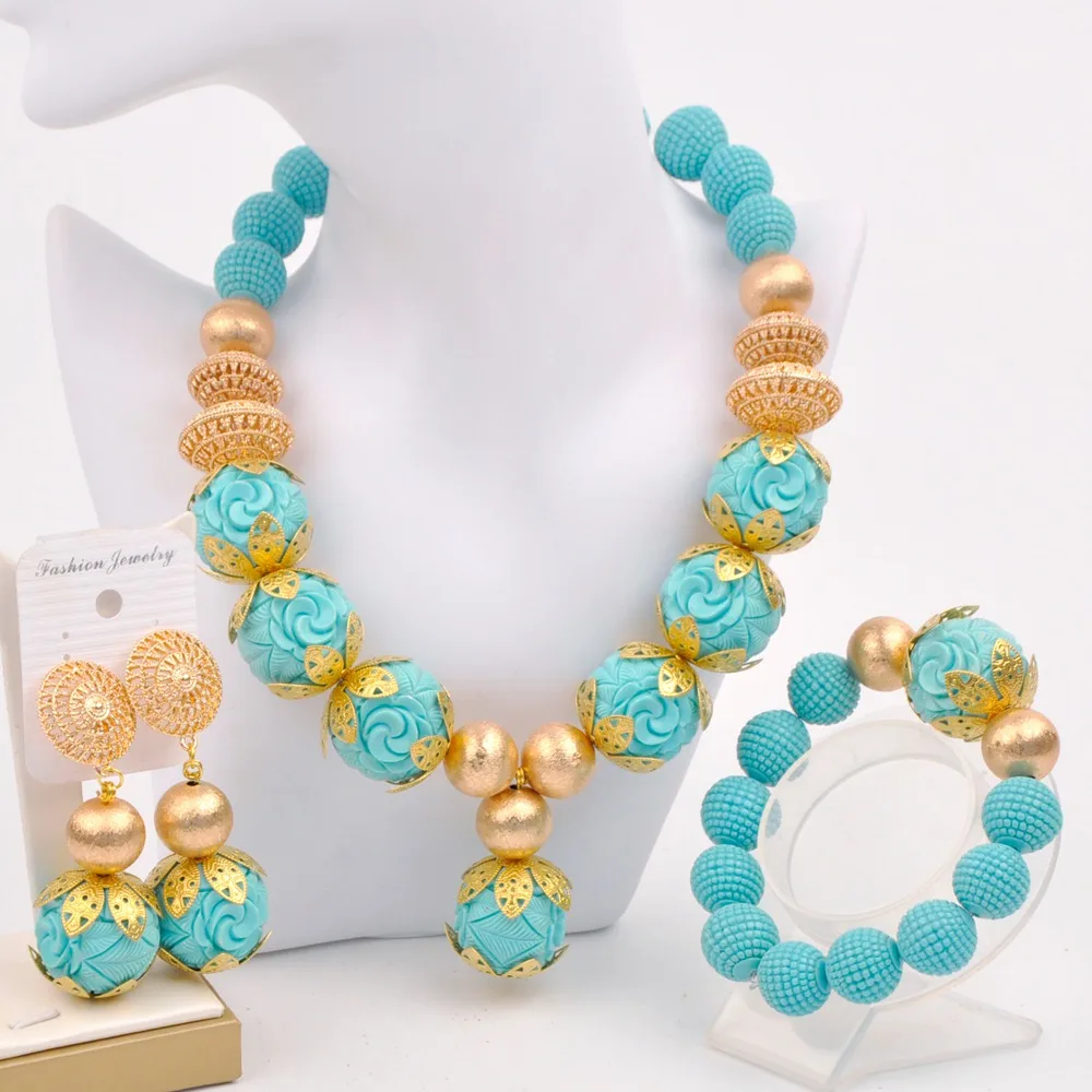 

Nigerian bride wedding jewelry imitation coral Lake blue necklace African couple wedding jewelry suits SHXY-08