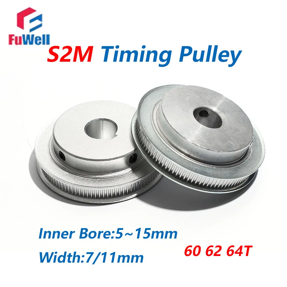 FuWell S2M Synchronous Timing Pulley 60T 62T 64T Teeth Bore 5/6/8/10/12/14/15mm Width 7/11/16mm Belt for Precision Drive Systems