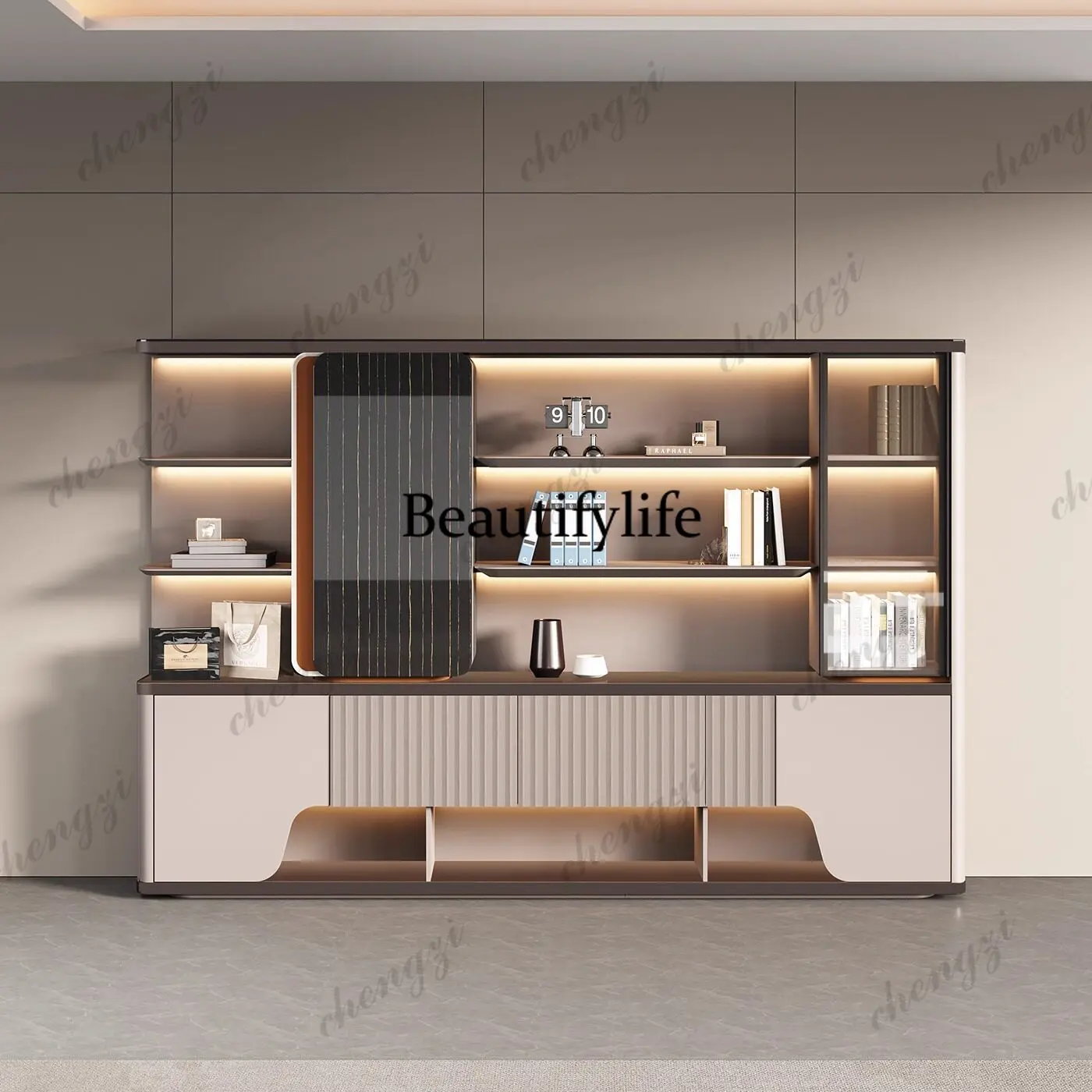 Office Bookshelf Boss Desk Background File Storage Locker Display Cabinet Wooden Data Cabinet