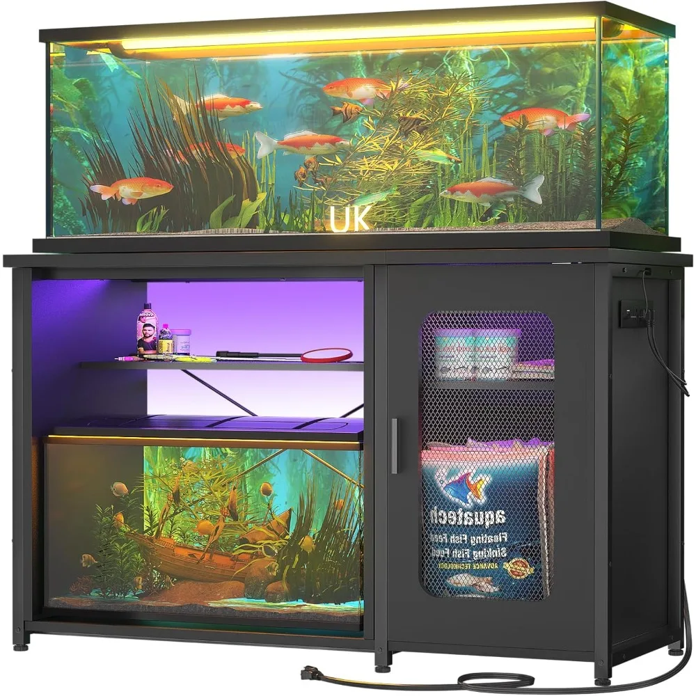 

55-75 Gallon Aquarium Stand with Power Outlets & LED Light, Reversible Fish Tank Stand with Cabinet for Fish Tank Access
