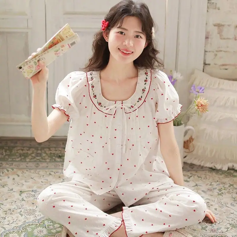 

Женские летние пижамы в корейском стиле, комплект из 3 предметов: пижама с принтом, короткий рукав, домашняя одежда