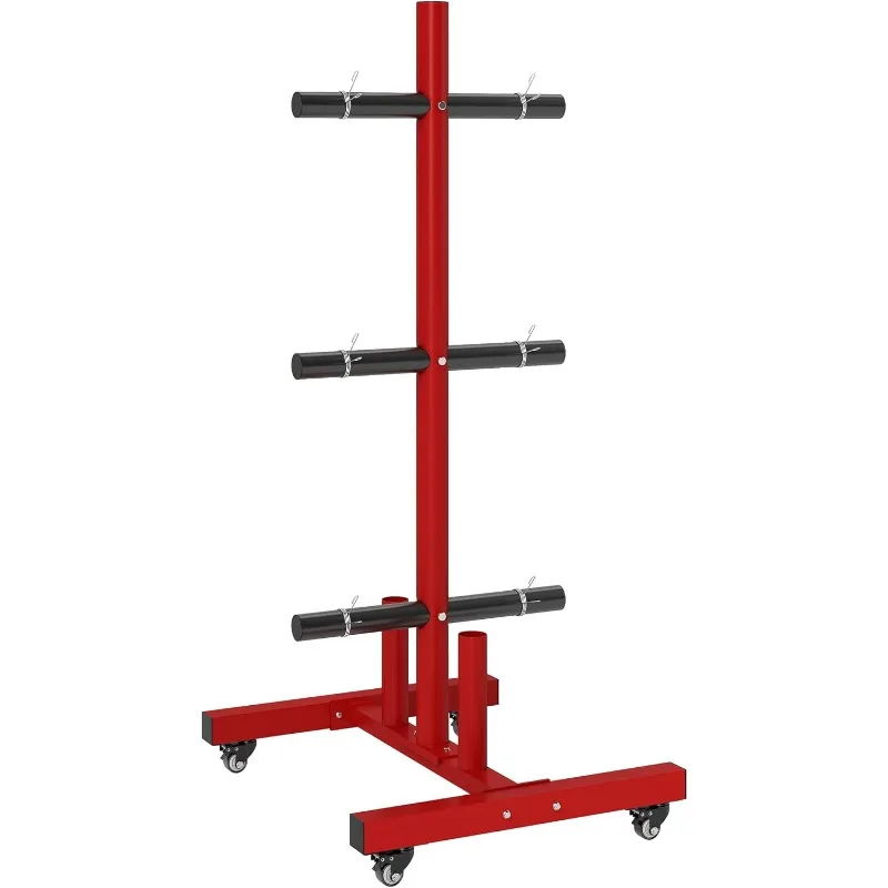 Estante para placas de pesas de 2 pulgadas, soporte para placas y barras de pesas olímpicas, con 4 ruedas de transporte y 6 abrazaderas de sujeción