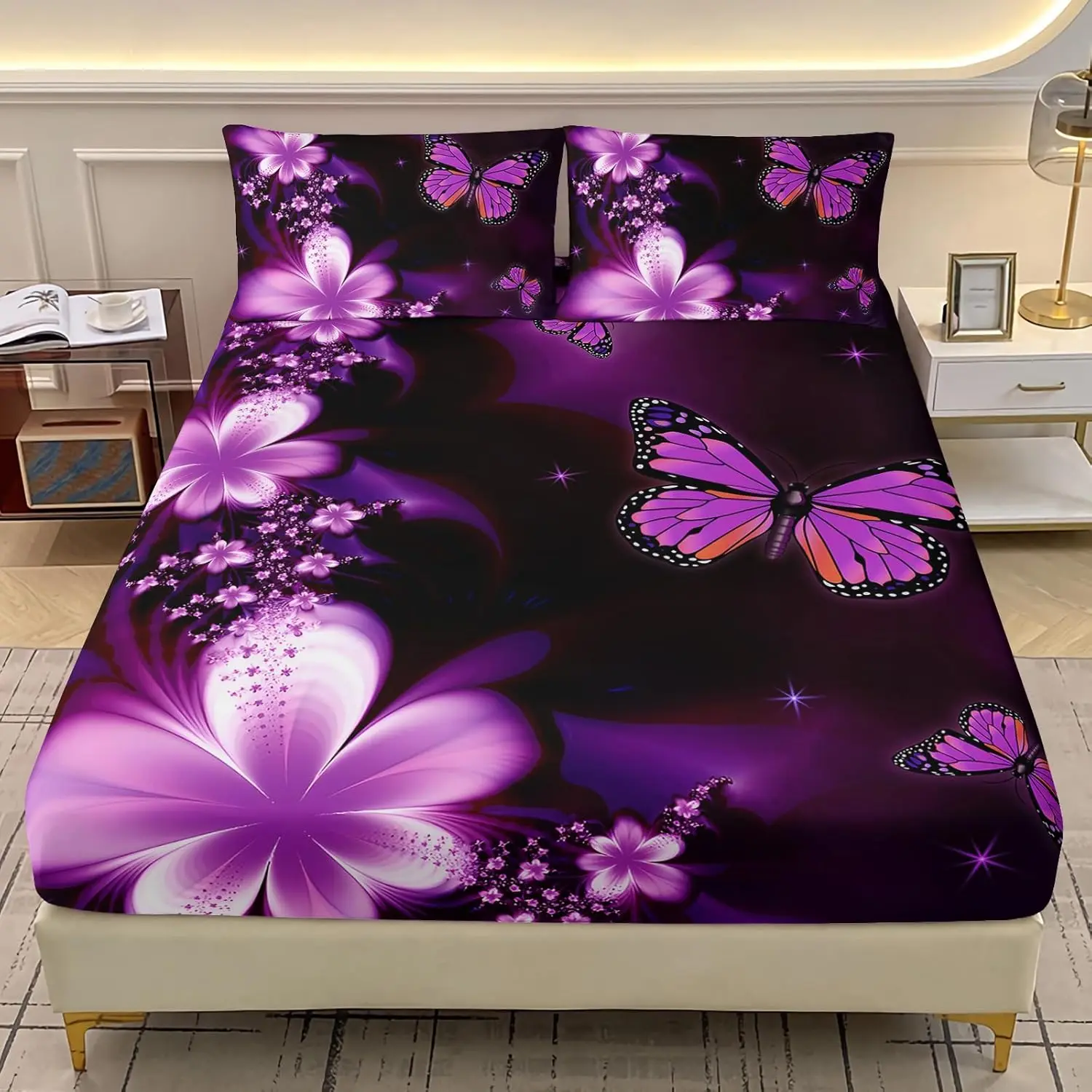 Beautiful Flower Butterfly Fitted Sheet Botanical Floral Bedding Set Country Rustic Style Bed Sheet Set for Boys Girls Bedroom