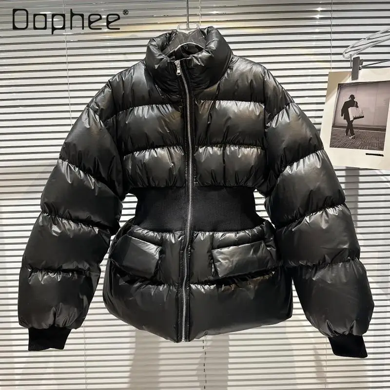 Winter New Trend Street Stand-up Collar Elastic Waist Thickened Warm Down Jacket Solid Color Fashion Versatile Slim Coat Women