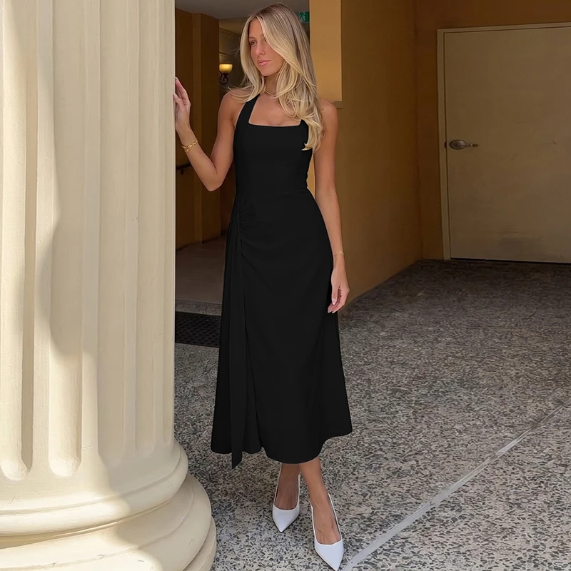 Hugcitar Modisches Kleid mit quadratischem Ausschnitt, einfarbig, rückenfrei, gerüscht, Bandage-Stil, sexy Midi-Abschlussballkleid, Sommerkleidung für Damen, Abendparty, Urlaub – Detail 22