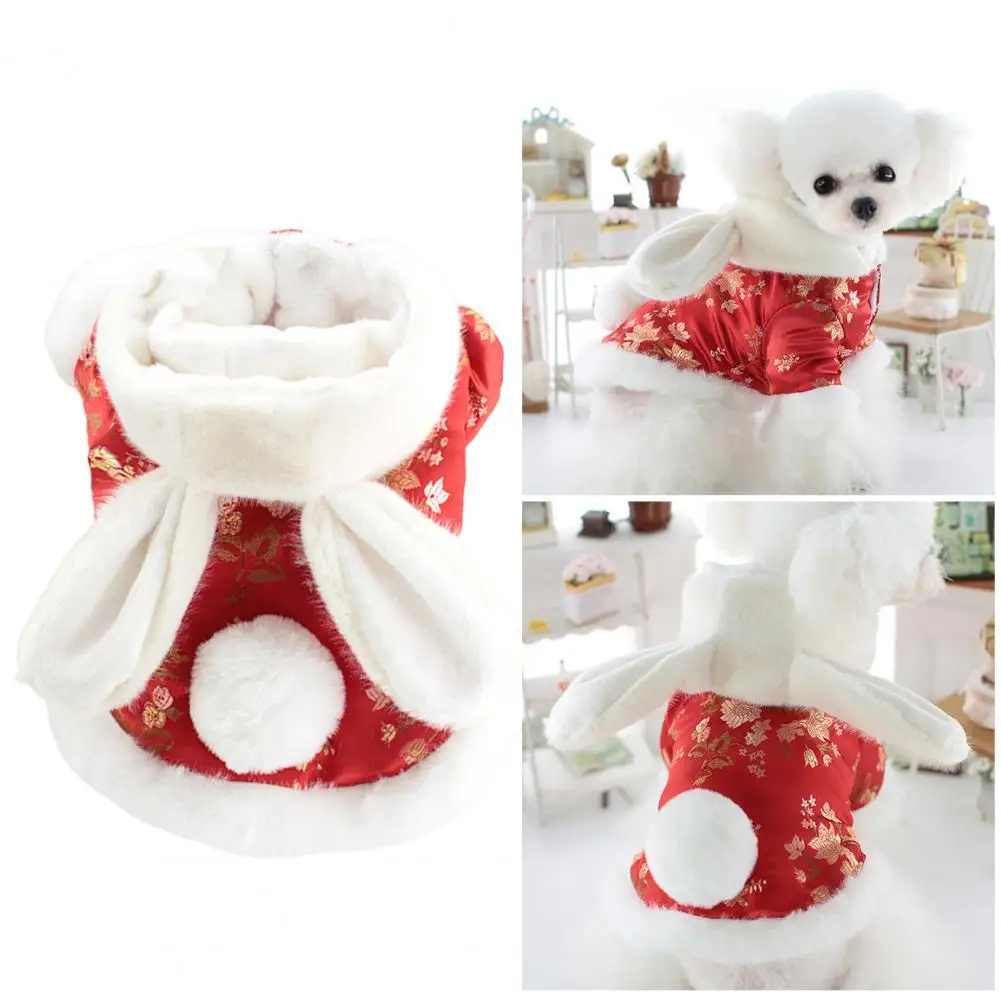 

Pet Coat with Bunny Ears Hat Dog Coat Fine Workmanship Floral Print Bunny Ears Hat Easy-to-wear Pet Coat for New Year for Dogs