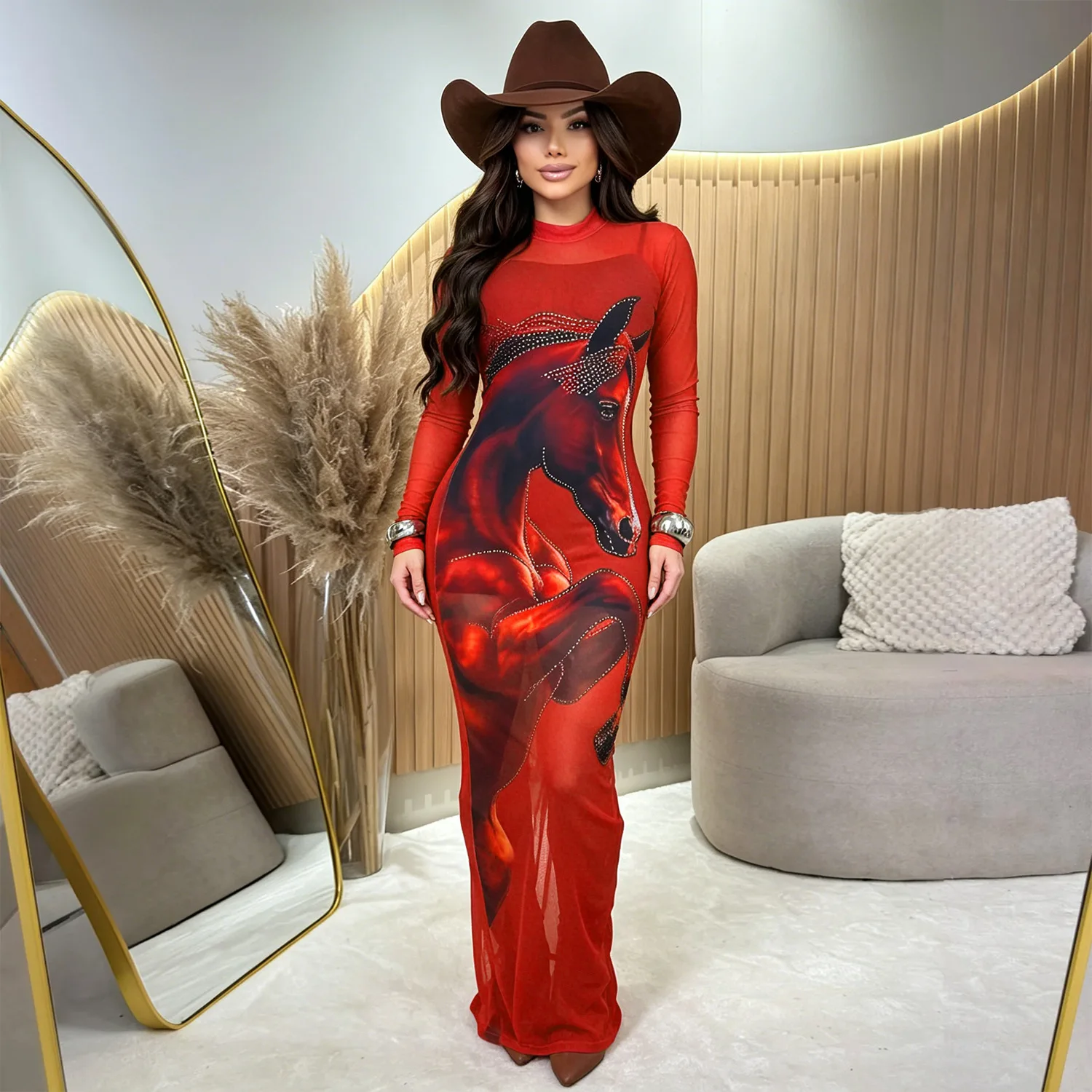 Mesh Print Rhinestone Dress Dresses Matching Set Women Fashion Spring Summer