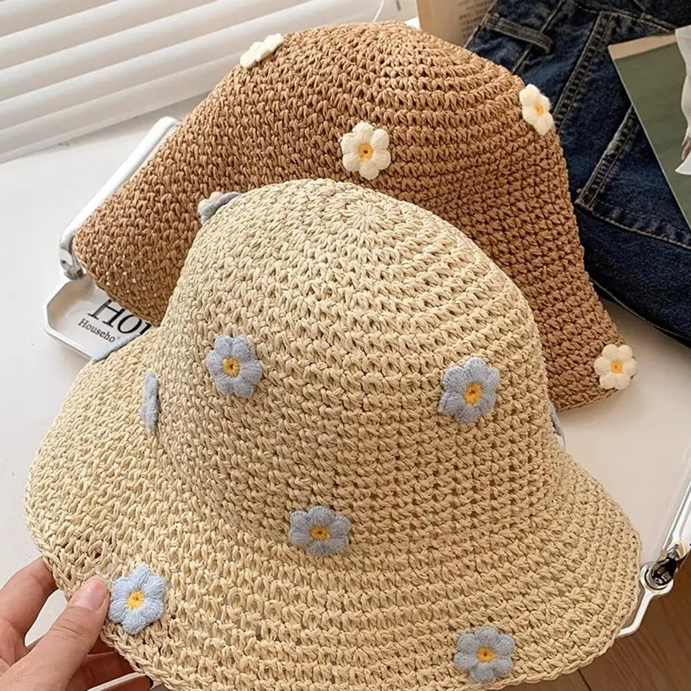 Sombrero de paja de flores para mujer, sombrero de pescador con bloqueador solar, plegable, tejido hueco, para vacaciones y viajes al aire libre