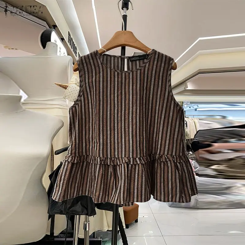 ZANZEA 2026 Sommer Gestreifte Tanktops für Damen O-Ausschnitt mit Rüschenbesatz Lose Ärmellose Tops Lässige Schicke Streetwear Damenkleidung – Detail 8