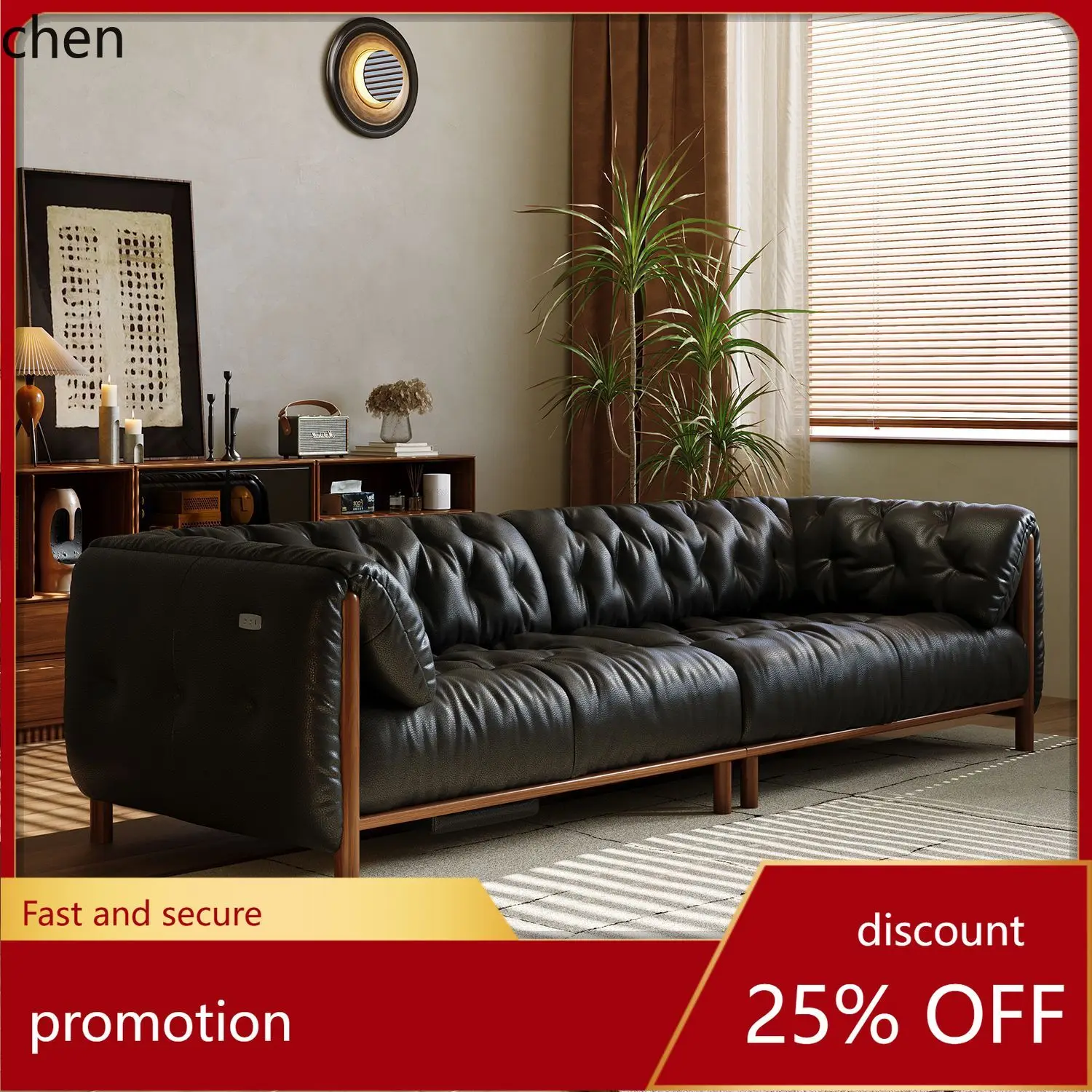 HT Retro Electric Adjustable Multifunctional Genuine Leather Sofa Living Room Simple Elephant Ear Straight Row Sofa