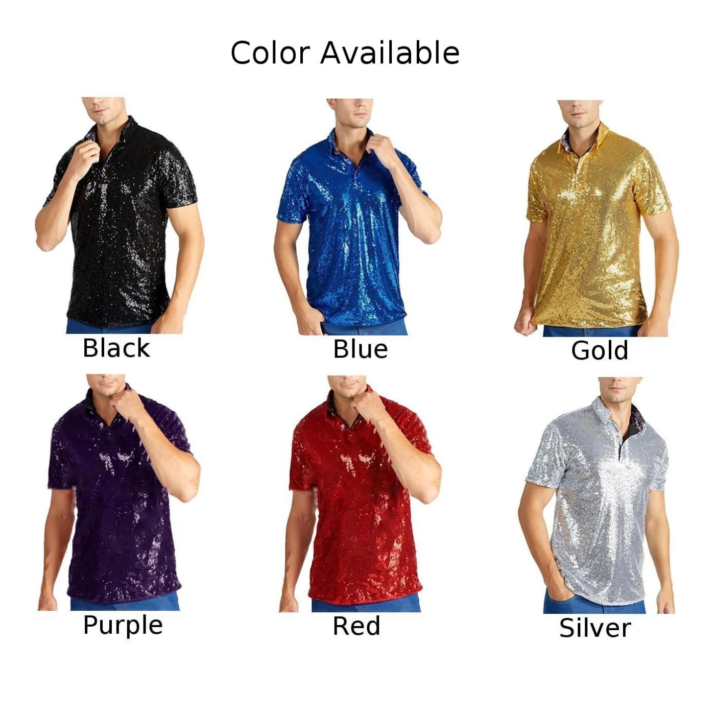 Comfy Fashion T-Shirt Short Sleeve Lapel Men Nightclub Party Sequin Shiny Short Sleeve Solid Color Stage Summer