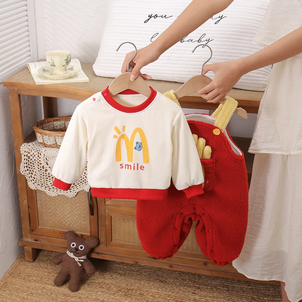 French Fries Baby Onesie Winter Thermal Windproof Jumpsuit Cute Overalls + Fleece Top Outwear Girl Boys Photoshoot Costume 0-2