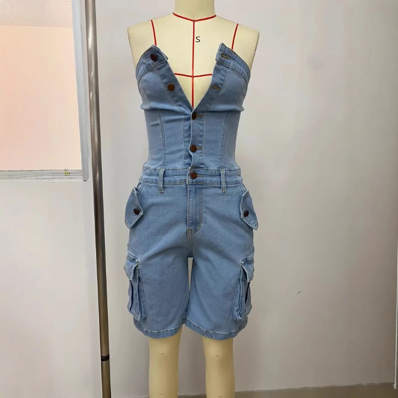 Damen Denim Jumpsuits Einteiler Trägerlos Ärmellos Jeans Overalls Hosen Strampler Y2k Streetwear Kurze Jumpsuits mit Taschen