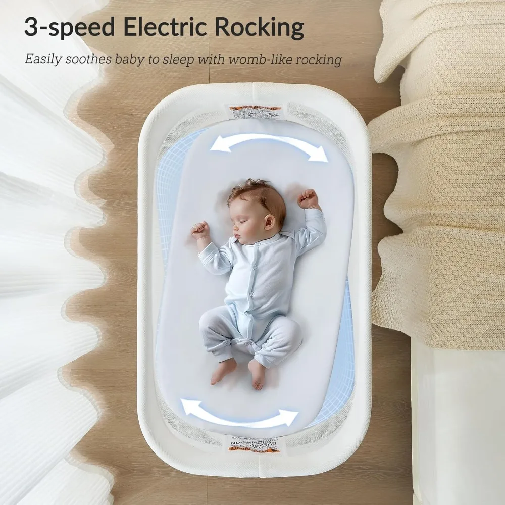 Rocking Bassinet for Baby 3 Speeds, Smart Motion Detection, Electric Bedside Sleeper with 8 Soothing Music, Auto Bedside Crib