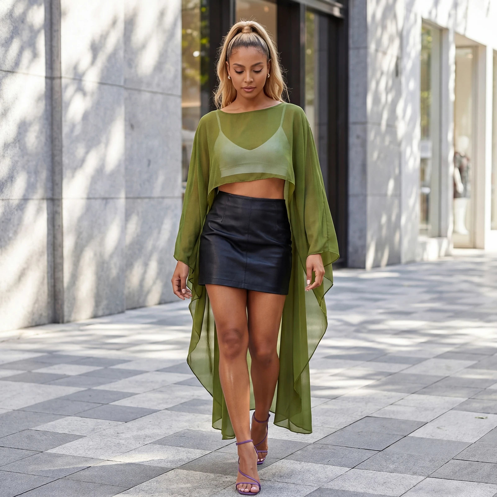 

Womens High Low Chiffon Cape Top Long Sleeve See Through Asymmetrical Ponchos for Daily Evening Party