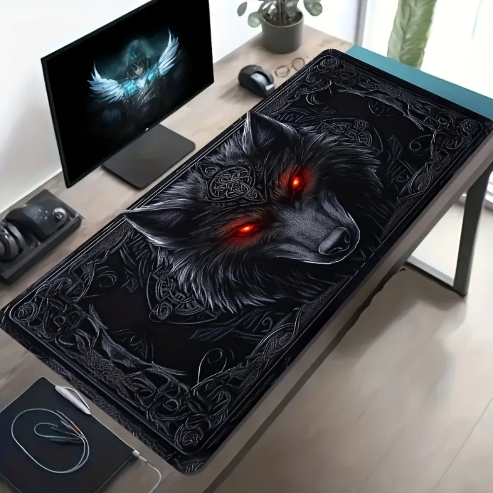 CIFBUY Large Mouse Pad Rubber Non Slip Gaming Desk Mat Black Wolf Red Eyes Pattern Art Office Laptop Keyboard Protector Accessor
