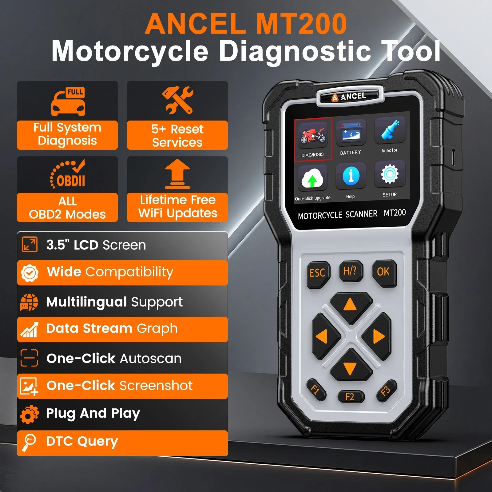 ANCEL MT200 Motorcycle OBD2 Scanner Full System Diagnostic Tool Battery Test Injector Check Code Reader for Honda Yamaha Suzuki