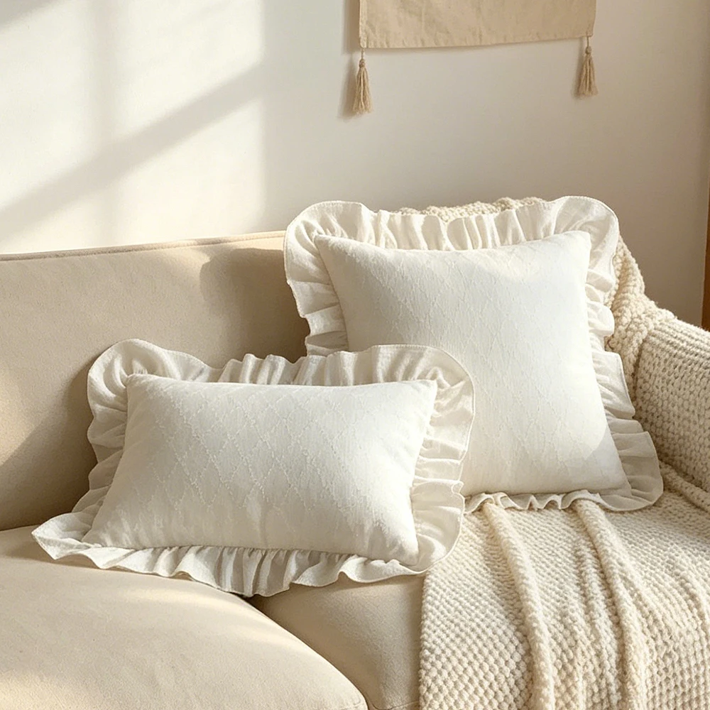 BUYNOW 1PC Plaid Jacquard Cushion Cover Ruffle Pillowcase Soft Home Decor for Sofa Bedroom Living Room Fashion Pillow Cover