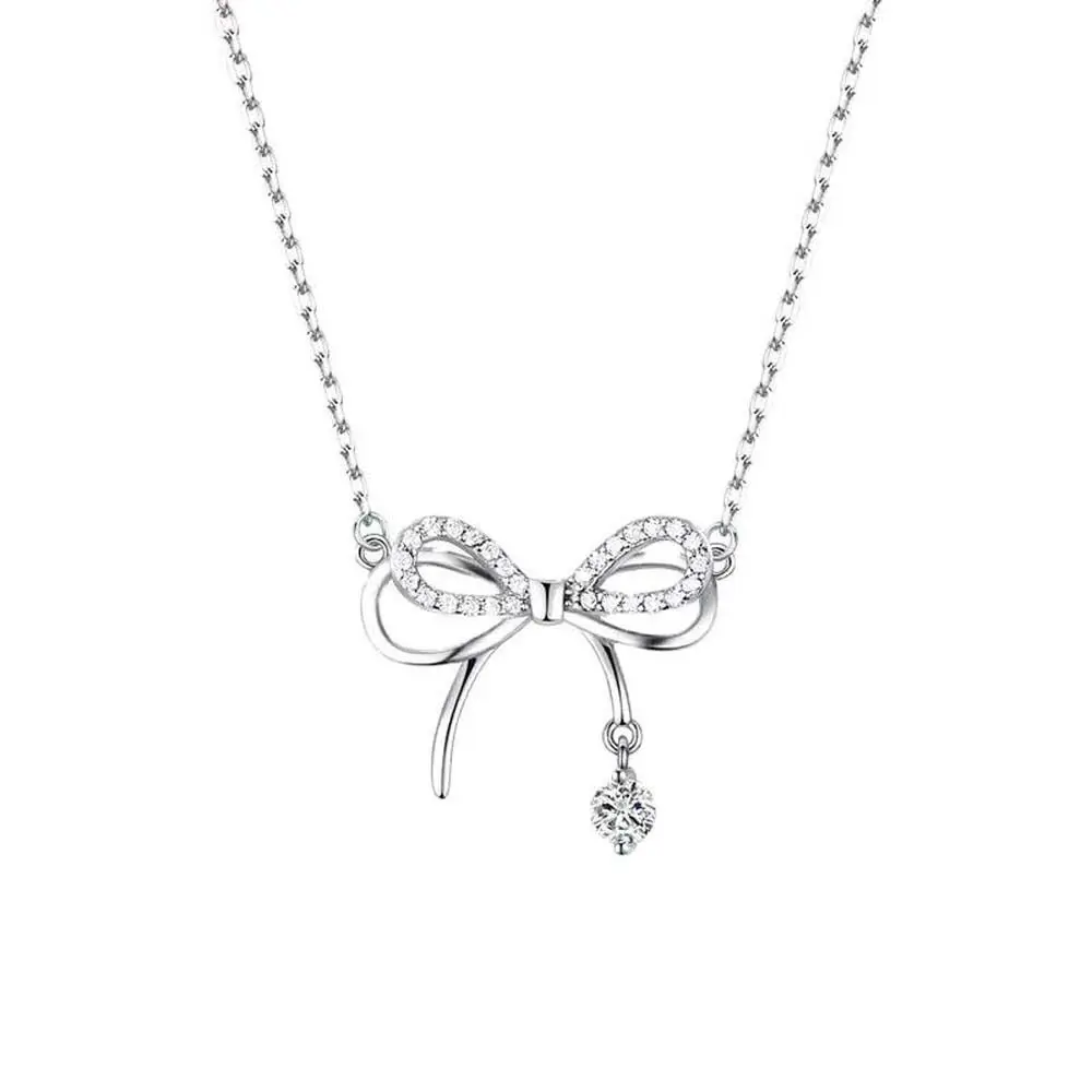 

Clavicle Chain Silver Bowknot Necklace Jewelry Accessories Silver Bows Shaped Bow Necklace Pendant Rhinestone Love Heart Pendant