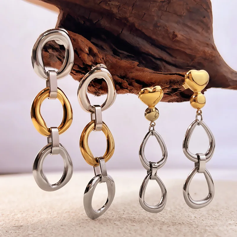 Exquisite lange Ohrhänger mit Kette, zweifarbig, Edelstahl, PVD-Ohrring, 18 Karat vergoldet, mehrschichtig, kreisförmiger Ring, Liebesherz-Ohrring