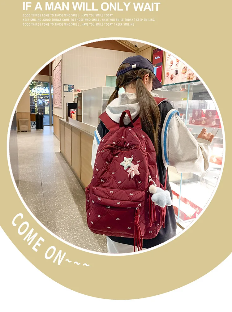 Sweet Quilted Rucksack with Multi Pocket Design Cute Pendant Decor Anti Theft Backpack for Teen Girls School Use