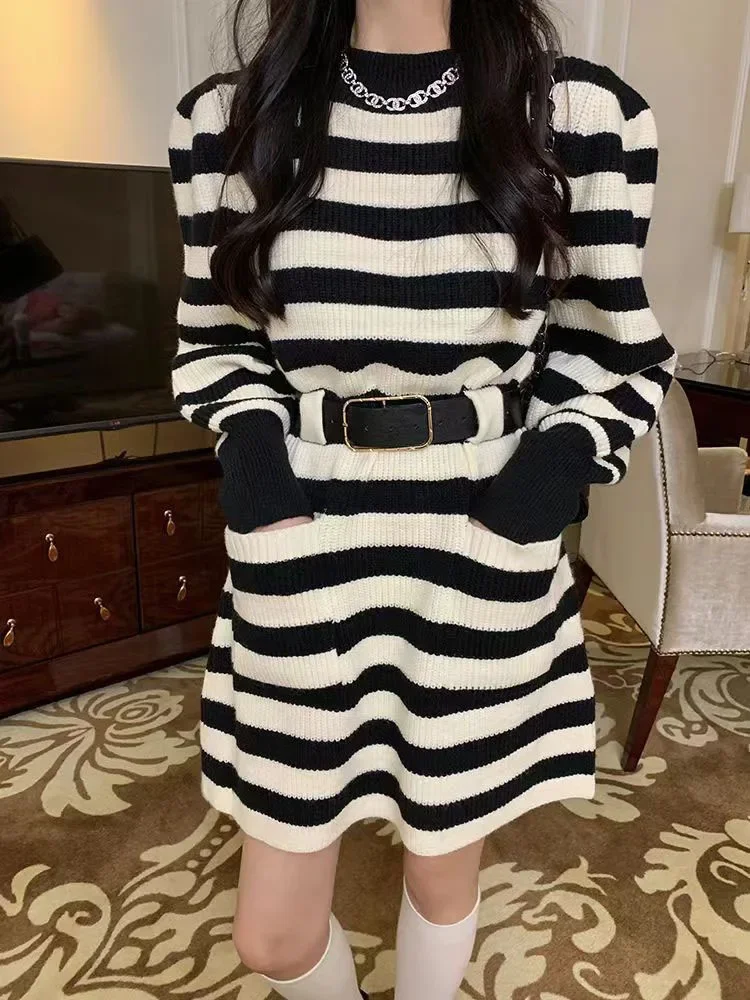 Spring Fall Half High Collar Sweater Dress Mid Length Stripe Pullovers Loose Soft Knitwear Tops Casual Woman Fashion Jumper L342