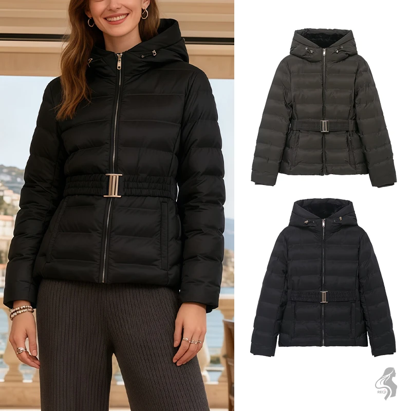 

Vintage Cinched Waist Cotton Jacket With Hood Zipper And Belt With Metal Buckle Stylish And Trendy Winter Outerwear For Women