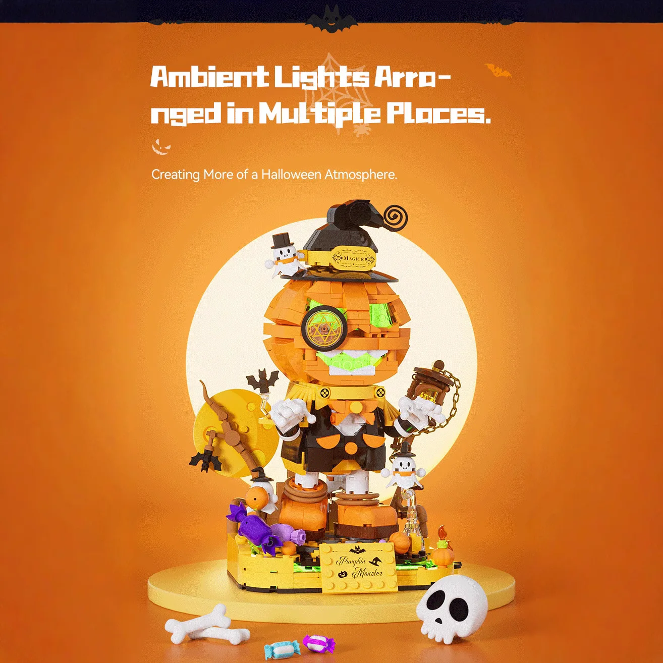 

Набор строительных блоков JAKI Halloween Pumpkin Elf, креативная модель MOC с несколькими вращающимися деталями, подарок на Хэллоуин для взрослых и детей