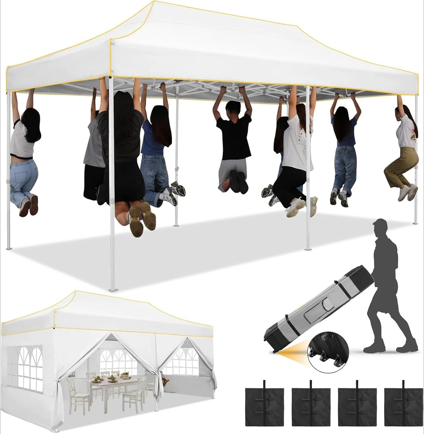 10' x 20' Pop Up Canopy Tent Instant Outdoor Shelter with Upgraded Thickened Hexagonal Legs Heavy Duty Event Gazebo Pavilion for Backyard Lawn Patio White