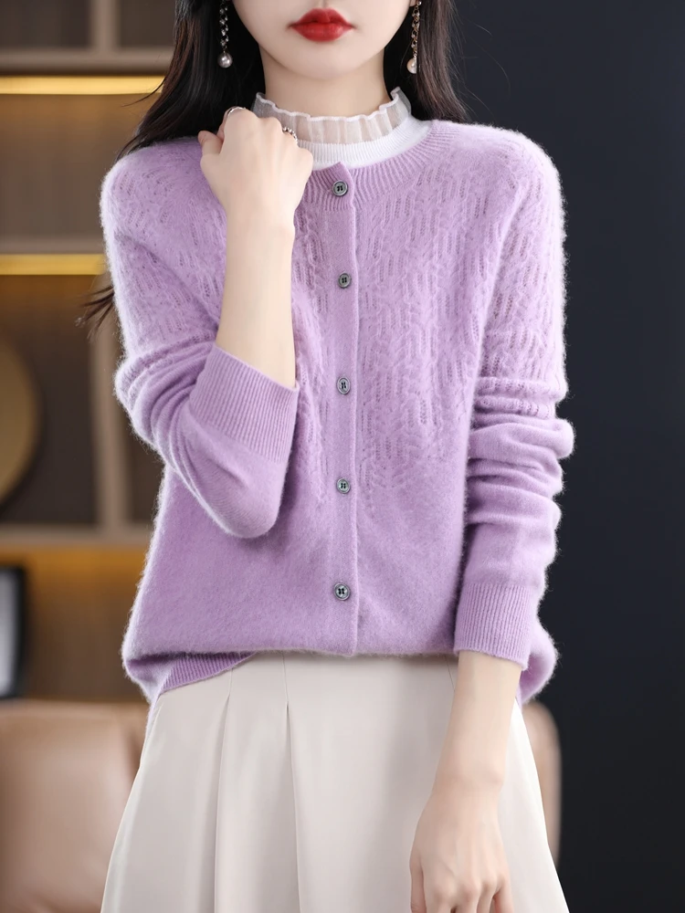 

Women's O-neck Cardigans Sweaters 100% Merino Wool Knitwear Hollow Out Cashmere Raglan Sleeve Spring Autumn Casual Vintage Tops