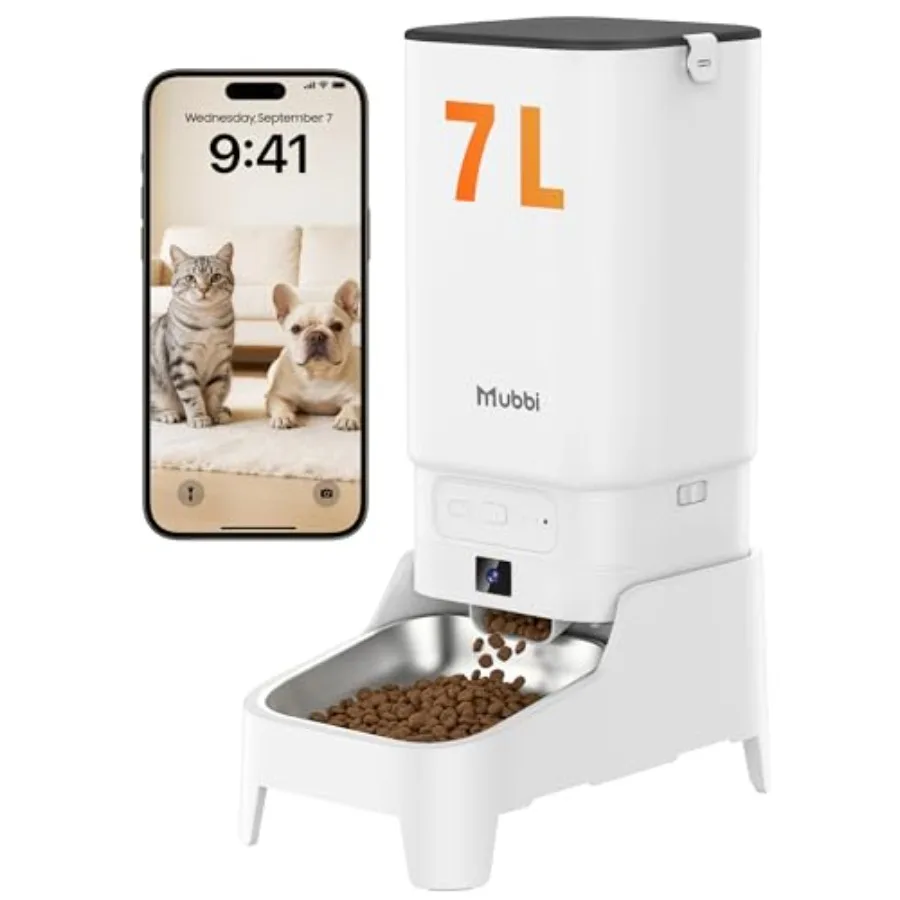 

Automatic Cat Feeder with Camera for Home Use 7L Plastic Black Feeder with 1080P Night Vision, Elevated Bowl, 2-Way Audio, 10s