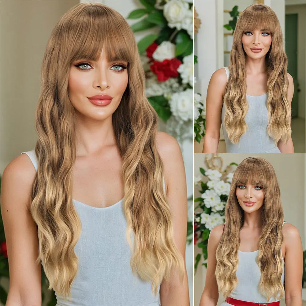 Cross border hot selling Qi bangs gradient color full head set for girl group cosplay big wave wig-Synthetic fiber wig