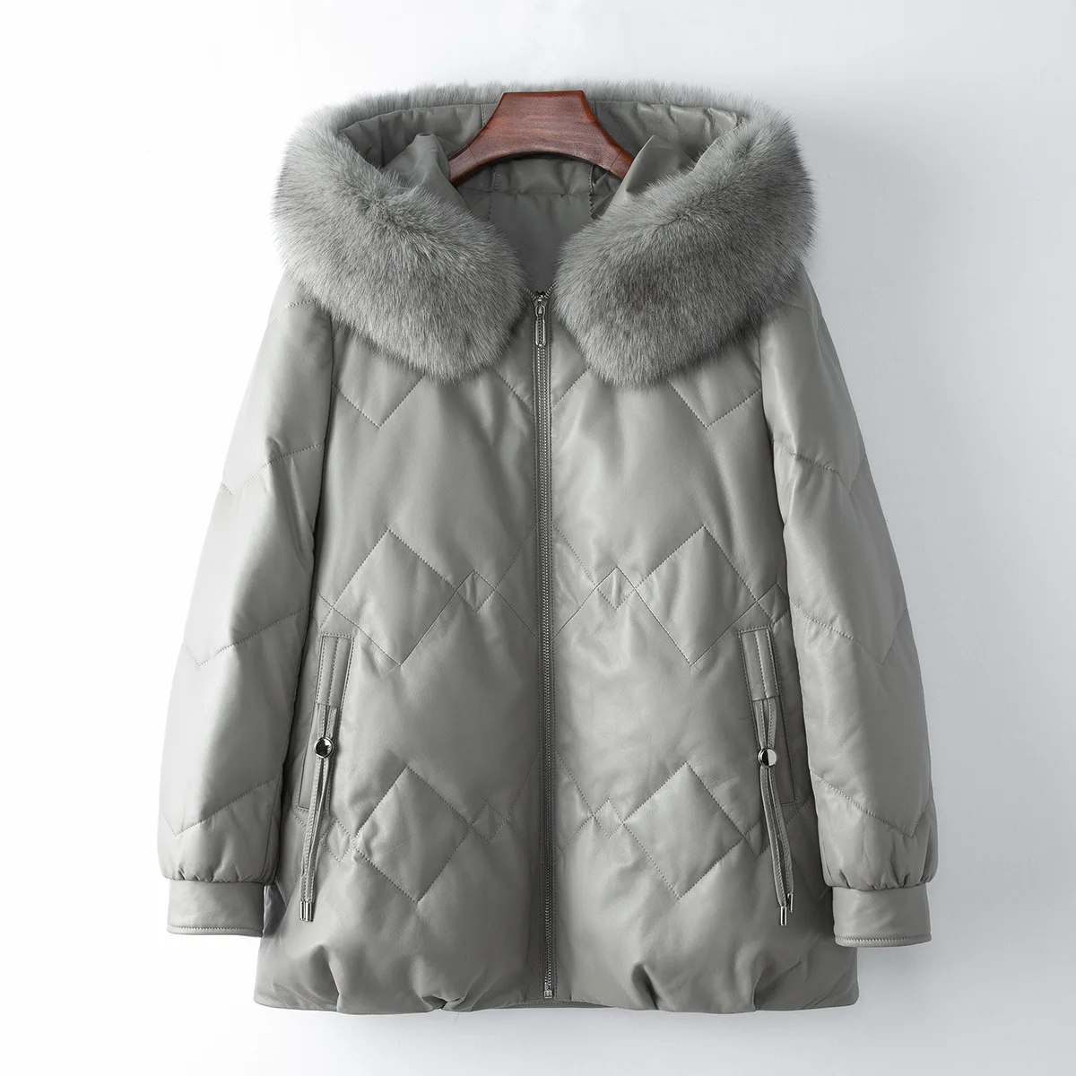 Spring New High-Quality Genuine Leather Hooded Down Jacket with Fox Fur Collar 2025 Women's Goose Down Jacket