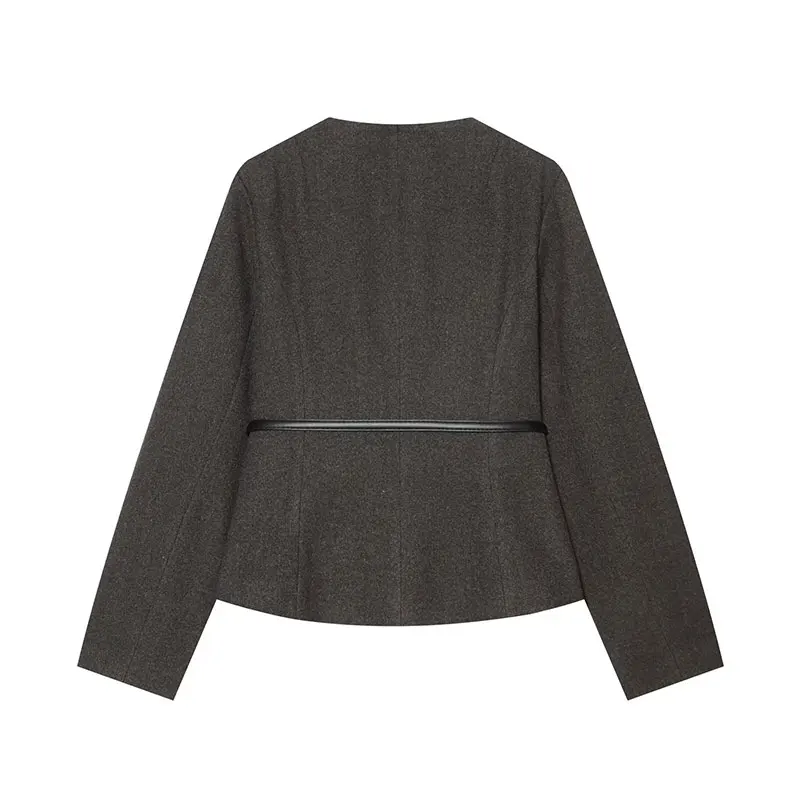 Nlzgmsj 2026 Autumn Women Round Neck Short Jacket Single Breasted Slim Fitted Coat With Waist Belt Elegant Office Lady Outerwear