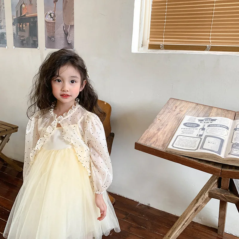 Vestido de princesa para niña, traje de gasa, abrigo de lunares a la moda, vestido de gasa suave y esponjosa