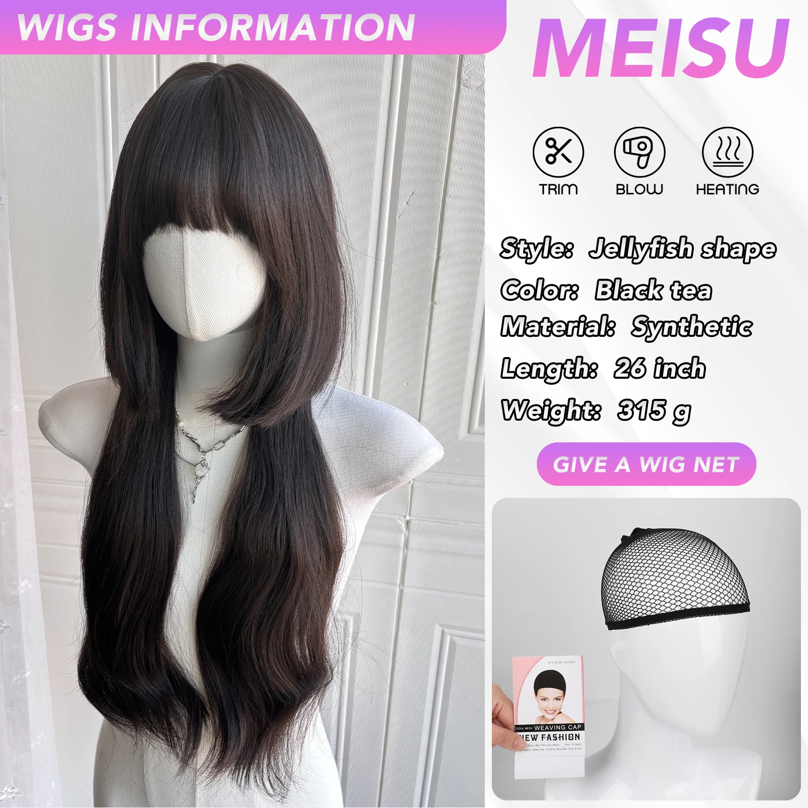 MEISU Black tea Curly Hair Princess Style Bangs Jellyfish Shape Wigs 26 Inch Fiber Synthetic Heat-resistant For Women