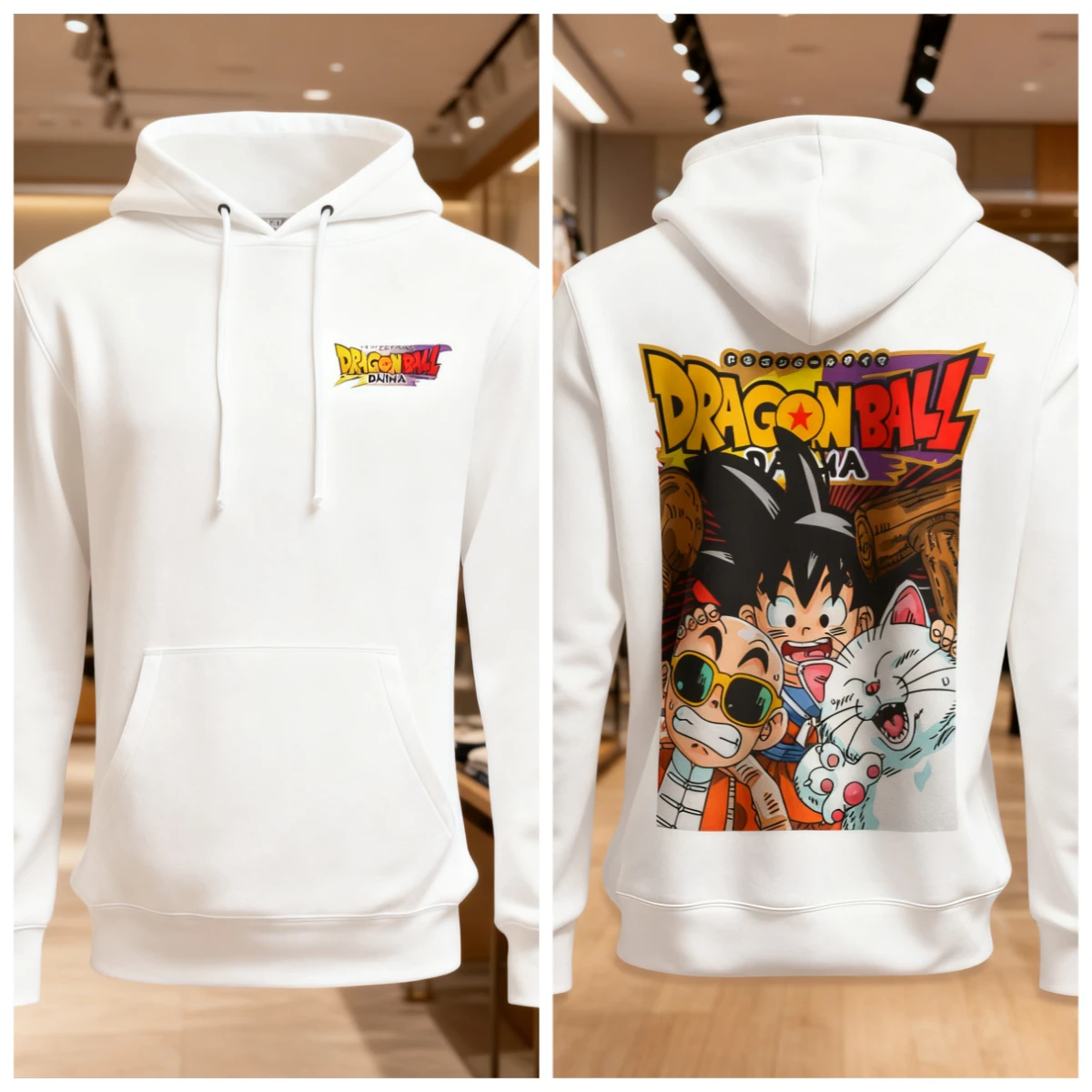 Dragon Ball Anime-Kapuzenpullover aus Baumwolle, weißer Farbcharakterdruck, mit Vordertasche, Logo und Rückseite, Ganzkörper-Design, lässige Streetwear