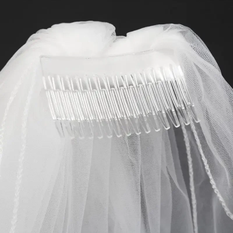 Double Layer Womens Irregular Length Wedding Veil 2 Tier Plain Solid Color Pleated Drape Soft Tulle Short Bridal Comb