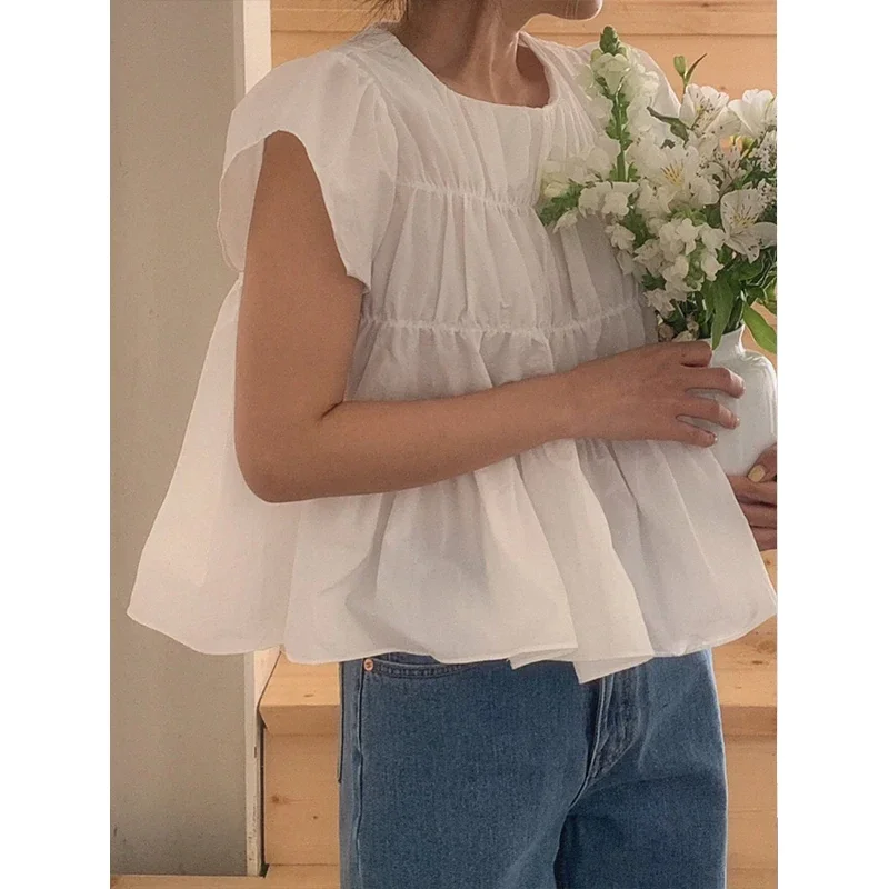 Korean Chic Pleated Shirts & Blouses Short Sleeve Blusas Loose Camisas New Sweet Fashion Ropa Mujer 2024 Summer Tops